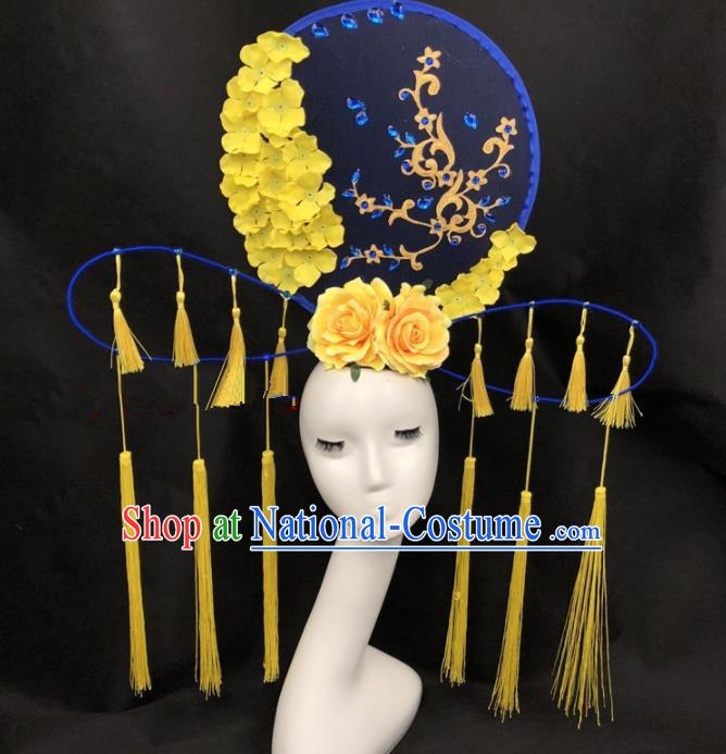 Chinese Traditional Palace Exaggerated Headdress Catwalks Yellow Peony Tassel Hair Accessories for Women