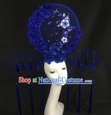 Chinese Traditional Palace Exaggerated Headdress Catwalks Blue Wintersweet Tassel Hair Accessories for Women