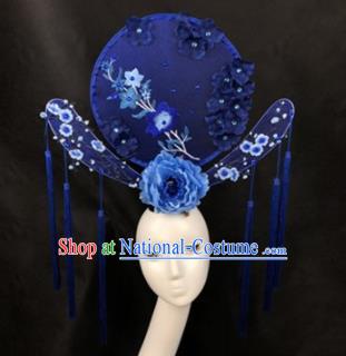 Chinese Traditional Palace Exaggerated Headdress Catwalks Blue Peony Embroidered Hair Accessories for Women