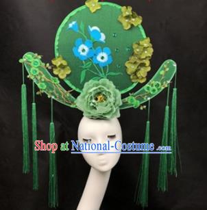 Chinese Traditional Palace Exaggerated Headdress Catwalks Green Peony Embroidered Hair Accessories for Women