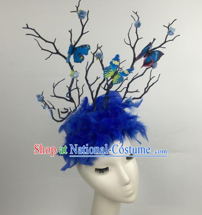 Top Grade Catwalks Hair Accessories Halloween Brazilian Carnival Blue Feather Branch Headdress for Kids