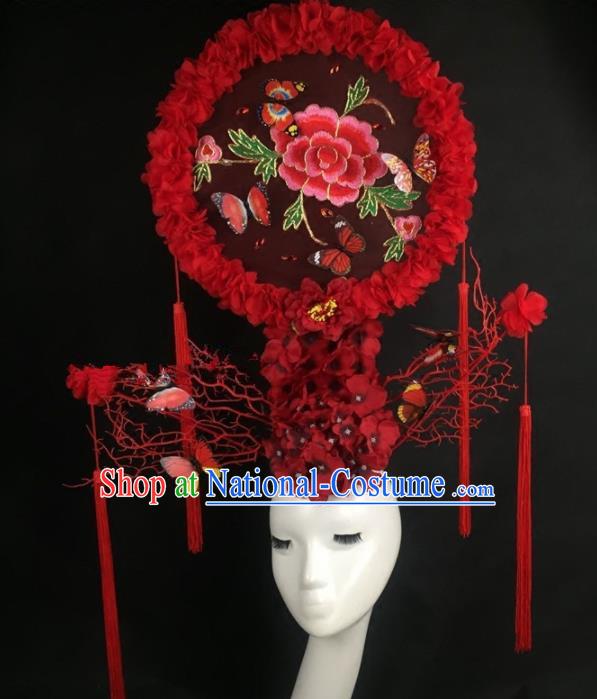 Chinese Traditional Palace Exaggerated Headdress Embroidered Red Peony Catwalks Hair Accessories for Women