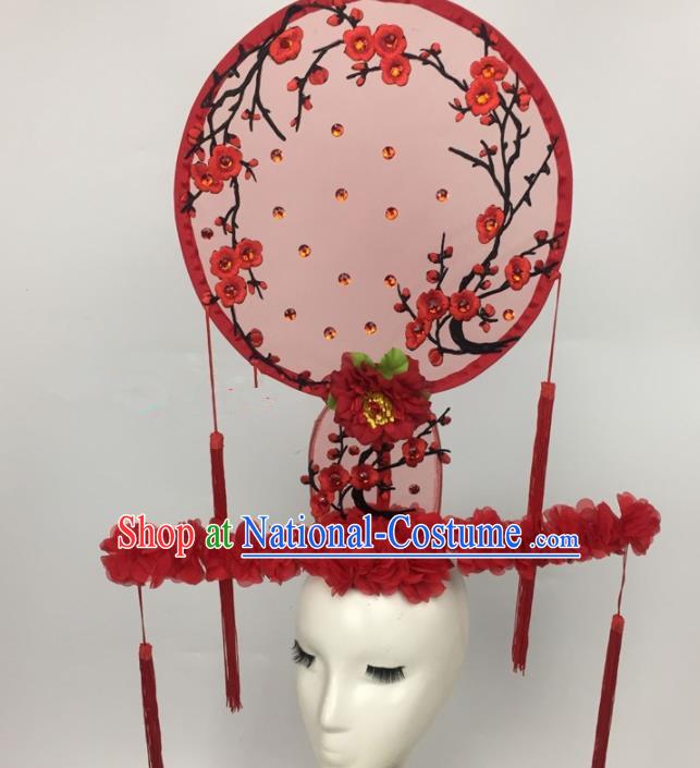 Chinese Traditional Palace Exaggerated Headdress Embroidered Red Plum Blossom Catwalks Hair Accessories for Women