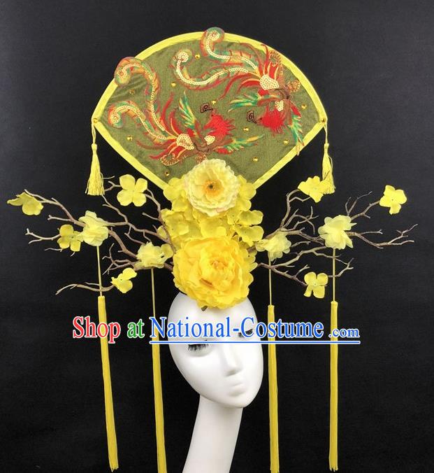 Chinese Traditional Palace Exaggerated Headdress Embroidered Phoenix Yellow Peony Catwalks Hair Accessories for Women