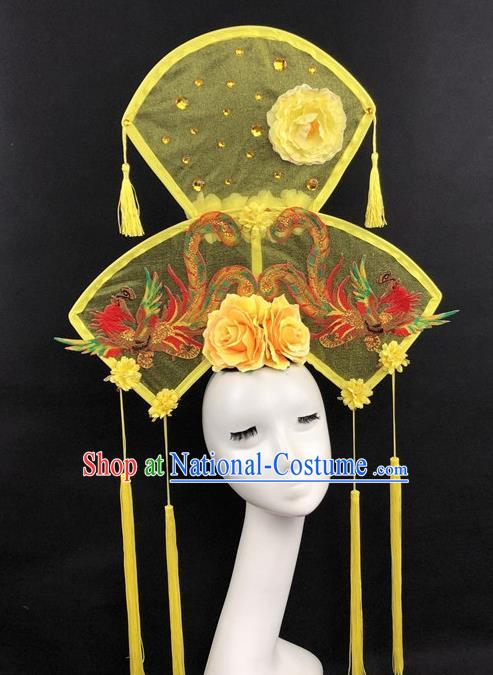 Chinese Traditional Palace Exaggerated Headdress Embroidered Phoenix Yellow Catwalks Hair Accessories for Women