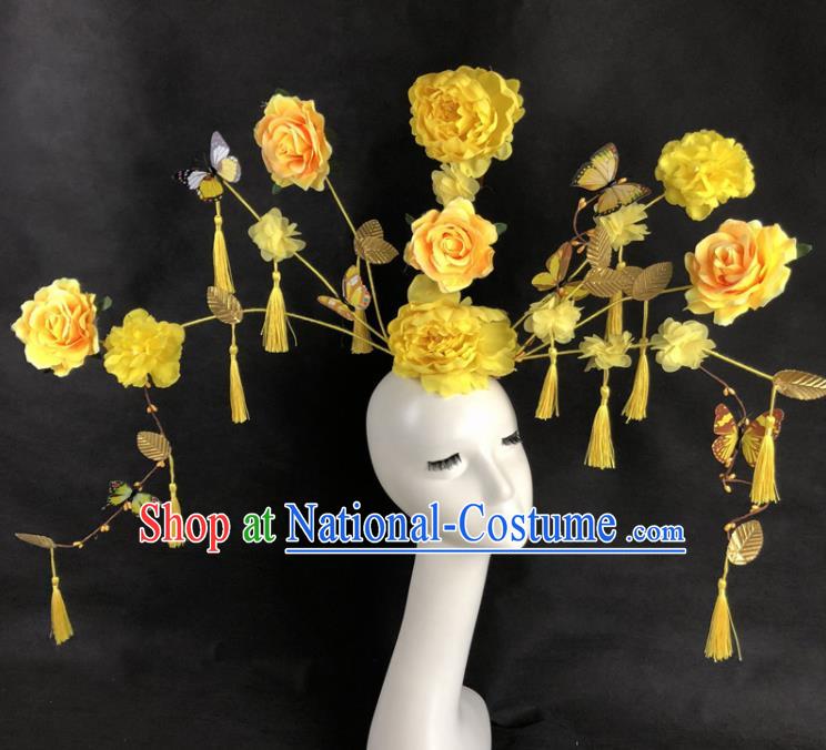 Chinese Traditional Palace Exaggerated Headdress Yellow Peony Catwalks Hair Accessories for Women