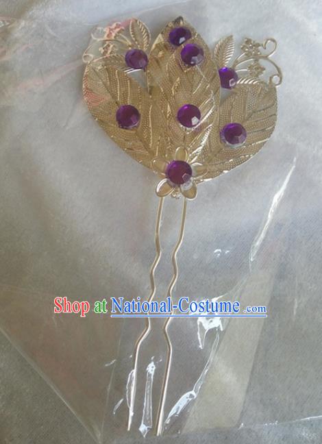 Chinese Ethnic Dai Nationality Hair Accessories Traditional Purple Crystal Hairpins for Women