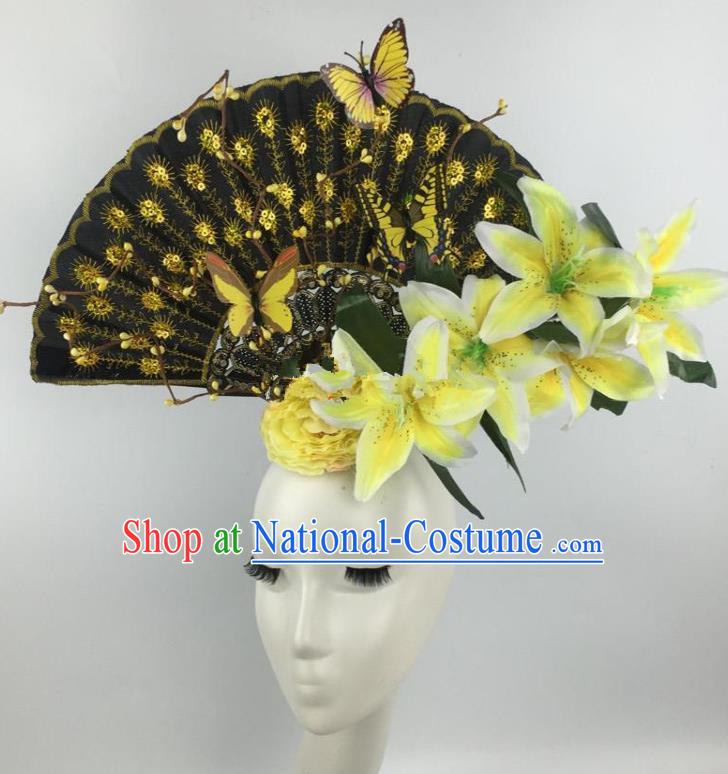 Chinese Traditional Exaggerated Headdress Palace Catwalks Yellow Lily Flowers Hair Accessories for Women