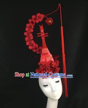 Chinese Traditional Exaggerated Headdress Palace Catwalks Red Flowers Lute Hair Accessories for Women