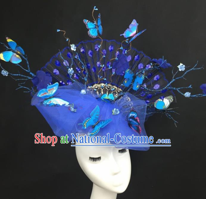 Chinese Traditional Exaggerated Headdress Palace Catwalks Blue Veil Butterfly Hair Accessories for Women