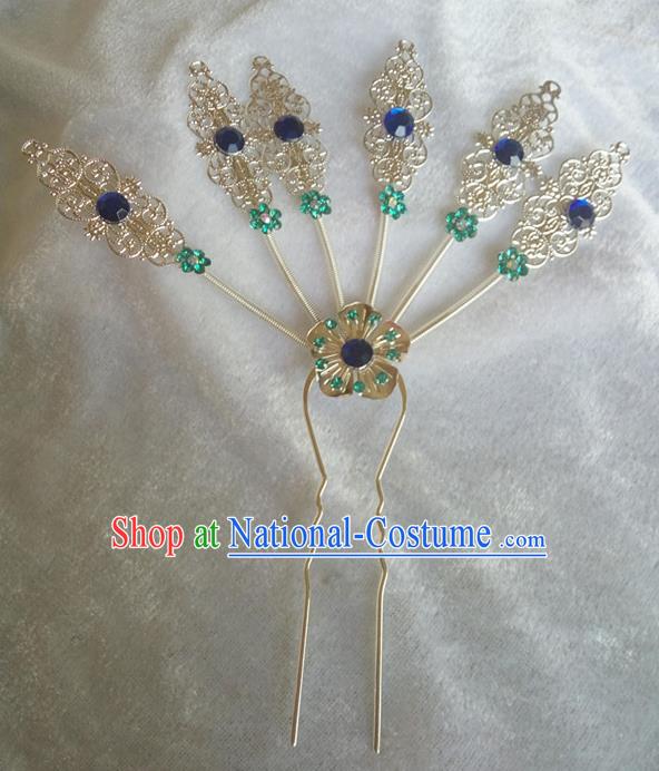 Chinese Ethnic Dai Nationality Hair Accessories Traditional Royalblue Crystal Hairpins for Women