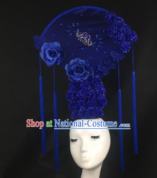 Chinese Traditional Exaggerated Headdress Palace Catwalks Blue Peony Hair Accessories for Women