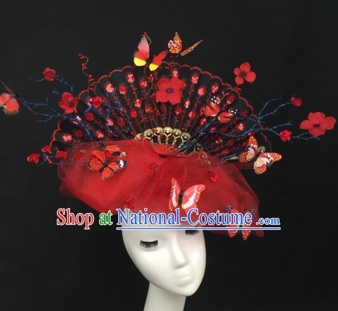 Chinese Traditional Exaggerated Headdress Palace Catwalks Red Veil Butterfly Hair Accessories for Women