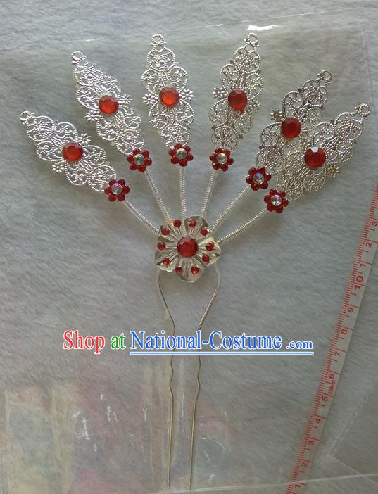 Chinese Ethnic Dai Nationality Hair Accessories Traditional Red Crystal Hairpins for Women