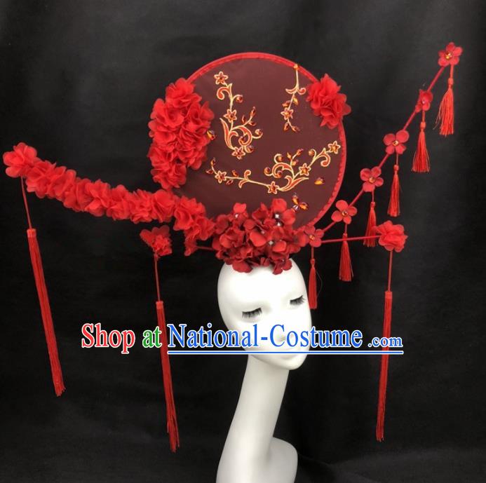 Chinese Traditional Exaggerated Headdress Palace Catwalks Red Flowers Hair Accessories for Women