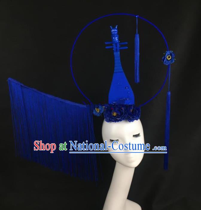 Chinese Traditional Exaggerated Headdress Palace Catwalks Blue Lute Hair Accessories for Women