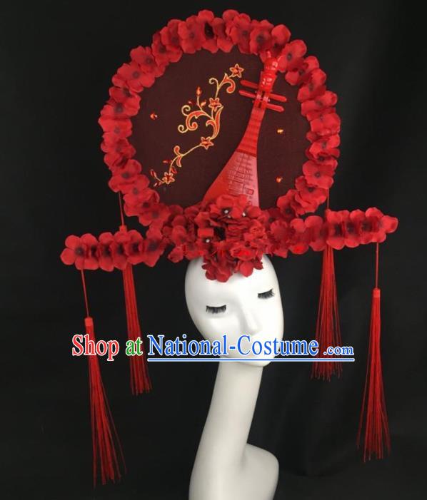 Chinese Traditional Exaggerated Headdress Palace Catwalks Red Lute Hair Accessories for Women