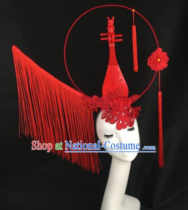 Chinese Traditional Exaggerated Headdress Palace Catwalks Red Lace Lute Hair Accessories for Women