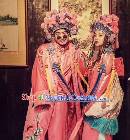 Asian Chinese Ancient Wedding Costumes Traditional Bride and Bridegroom Pink Clothing for Women for Men