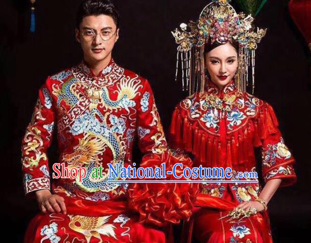 Asian Chinese Ancient Wedding Costumes Traditional Bride and Bridegroom Red Clothing for Women for Men