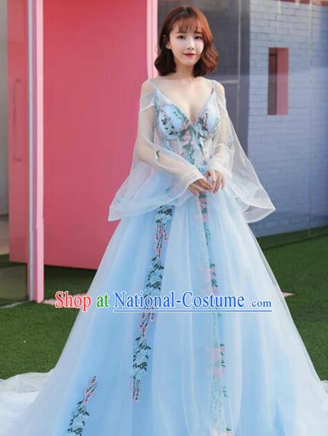 Top Grade Catwalks Costume Flowers Fairy Blue Veil Full Dress for Women