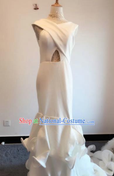 Top Grade Catwalks Costume White Satin Trailing Full Dress for Women