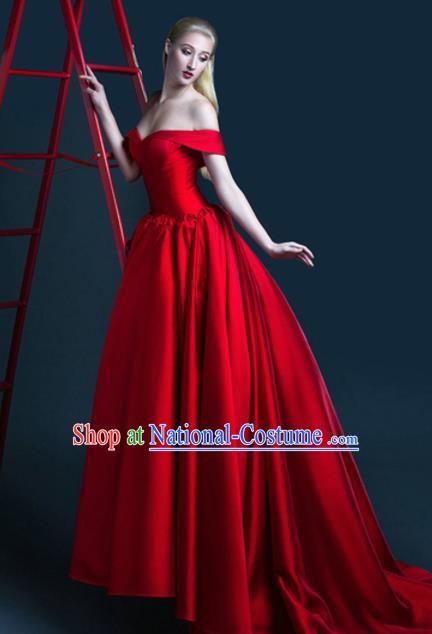 Top Grade Catwalks Costume Red Satin Trailing Full Dress for Women