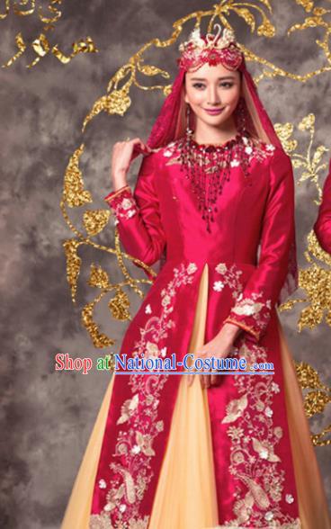 Chinese Ethnic Wedding Costumes Traditional Hui Nationality Bride Red Dress and Headpiece for Women