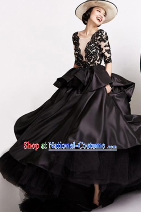 Top Grade Catwalks Costume Black Satin Trailing Full Dress for Women