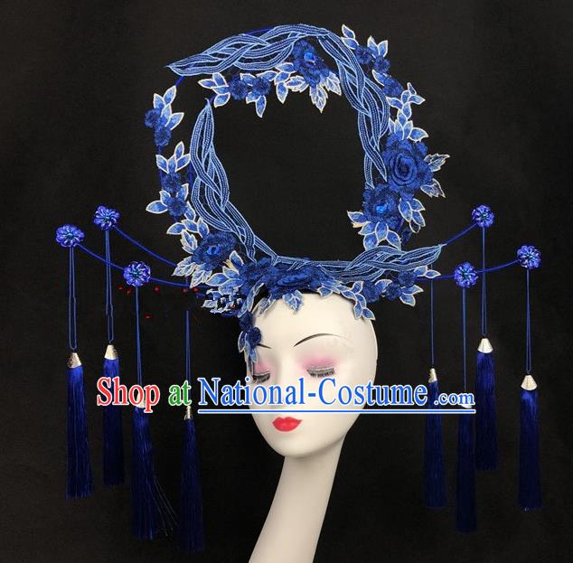 Chinese Traditional Exaggerated Headdress Ancient Catwalks Embroidered Blue Peony Hair Accessories for Women