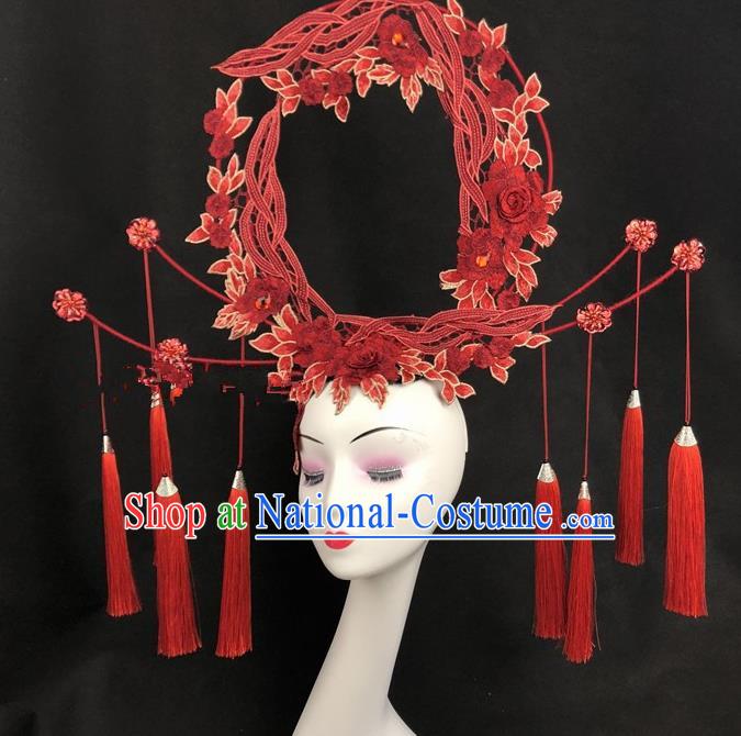 Chinese Traditional Exaggerated Headdress Ancient Catwalks Embroidered Red Peony Hair Accessories for Women