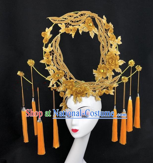 Chinese Traditional Exaggerated Headdress Ancient Catwalks Embroidered Yellow Peony Hair Accessories for Women