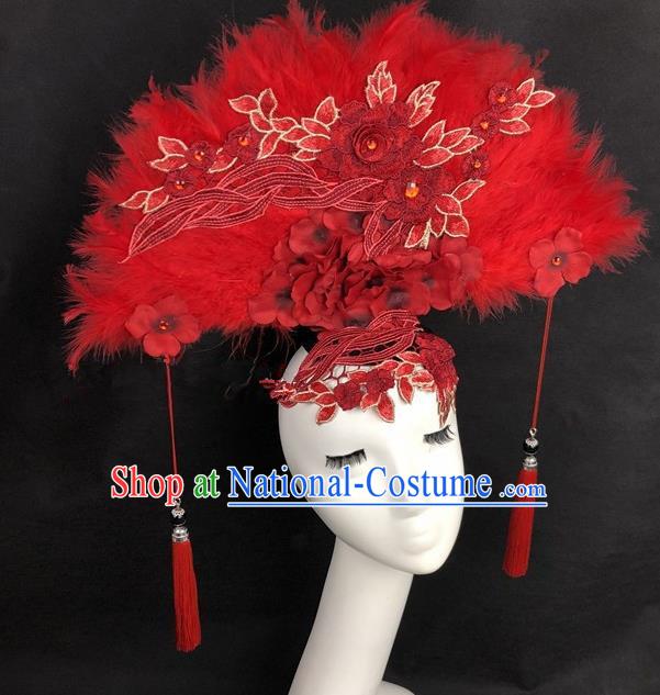 Chinese Traditional Exaggerated Headdress Catwalks Red Feather Hair Accessories for Women