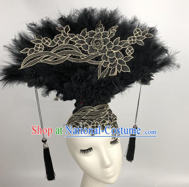 Chinese Traditional Exaggerated Headdress Catwalks Black Feather Hair Accessories for Women