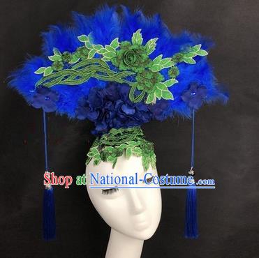 Chinese Traditional Exaggerated Headdress Catwalks Blue Feather Hair Accessories for Women