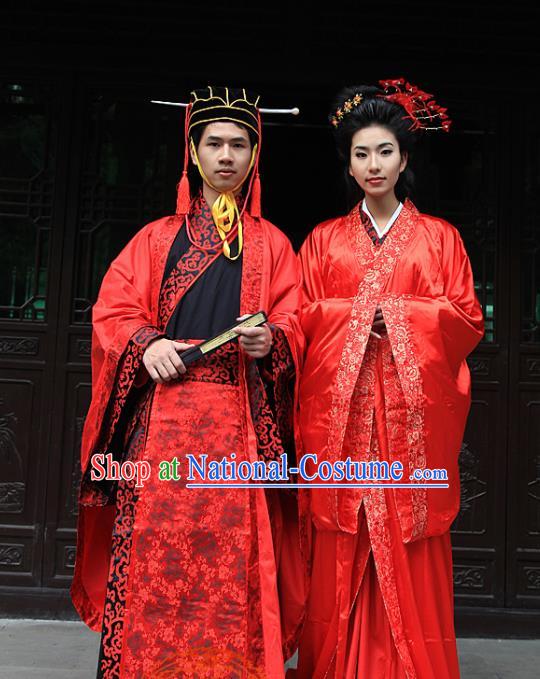 Chinese Ancient Wedding Costumes Traditional Han Dynasty Bride and Bridegroom Hanfu Clothing Complete Set