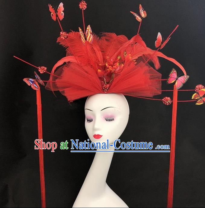 Chinese Traditional Exaggerated Headdress Children Catwalks Red Veil Hair Accessories for Kids