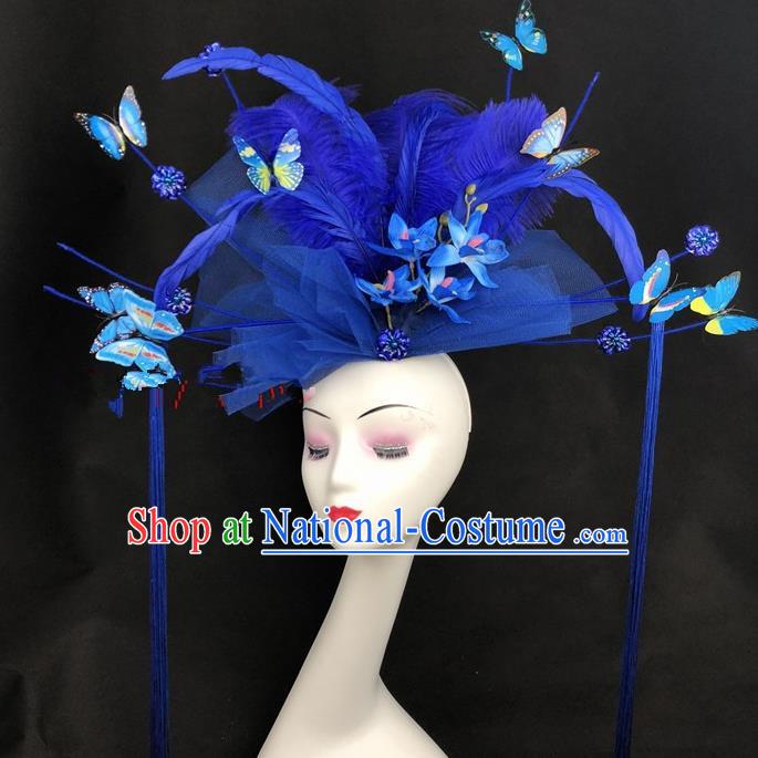 Chinese Traditional Exaggerated Headdress Children Catwalks Blue Veil Feather Hair Accessories for Kids