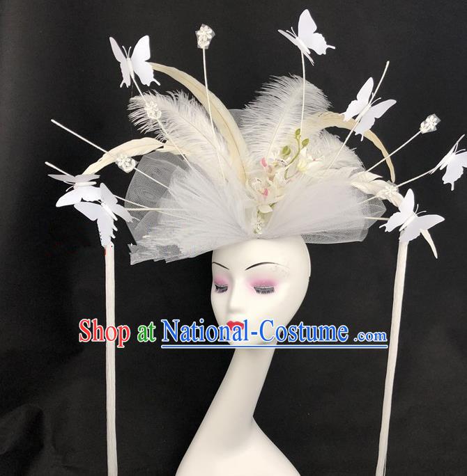 Chinese Traditional Exaggerated Headdress Children Catwalks White Veil Feather Hair Accessories for Kids