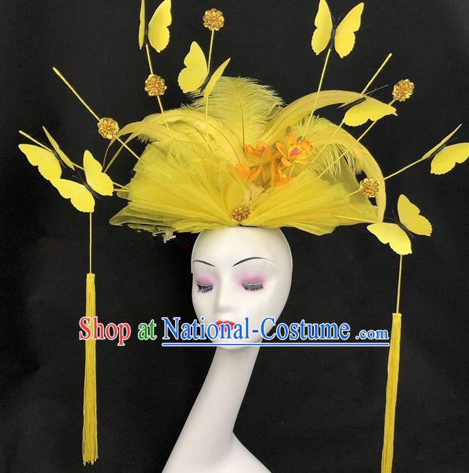 Chinese Traditional Exaggerated Headdress Children Catwalks Yellow Veil Feather Hair Accessories for Kids