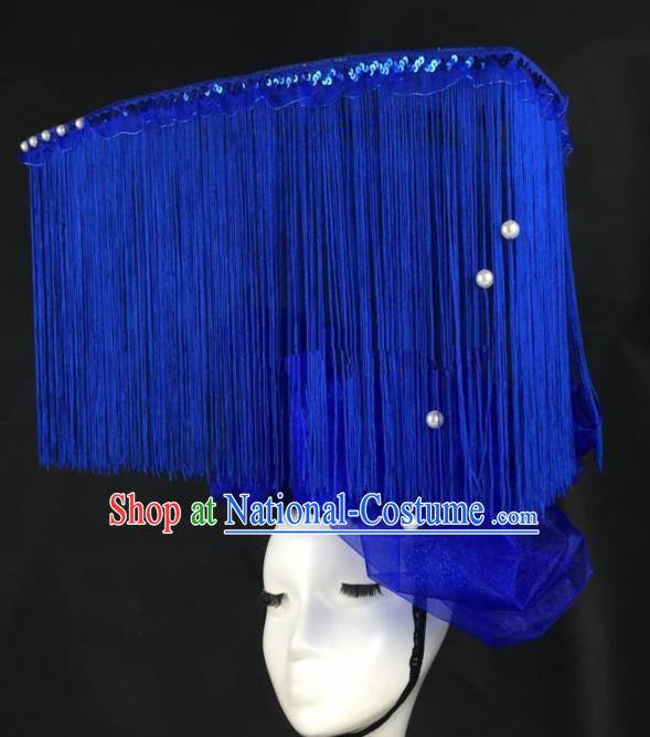 Top Grade Catwalks Hair Accessories Halloween Brazilian Carnival Blue Veil Tassel Headdress for Women