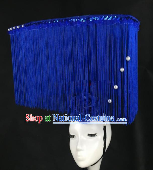 Top Grade Catwalks Hair Accessories Halloween Brazilian Carnival Blue Peony Tassel Headdress for Women