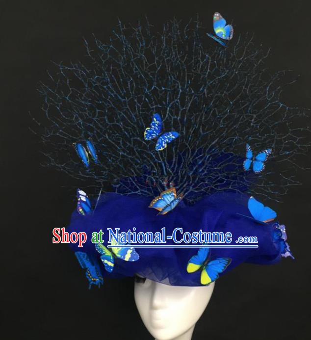 Top Grade Catwalks Hair Accessories Halloween Brazilian Carnival Blue Butterfly Veil Headdress for Women