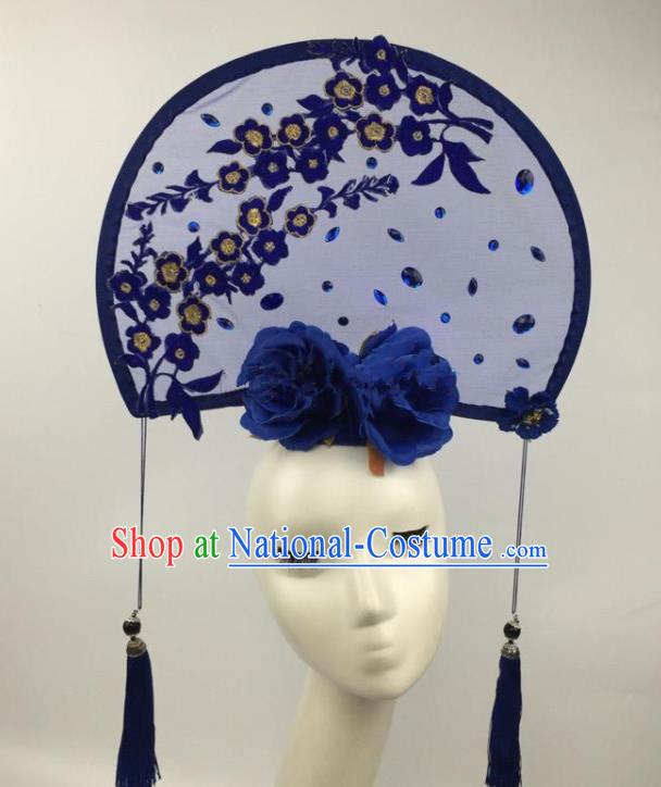 Chinese Traditional Exaggerated Palace Headdress Catwalks Blue Wintersweet Hair Accessories for Women