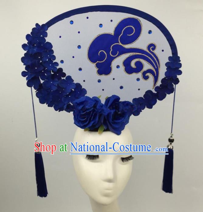 Chinese Traditional Exaggerated Palace Headdress Catwalks Blue Flowers Hair Accessories for Women