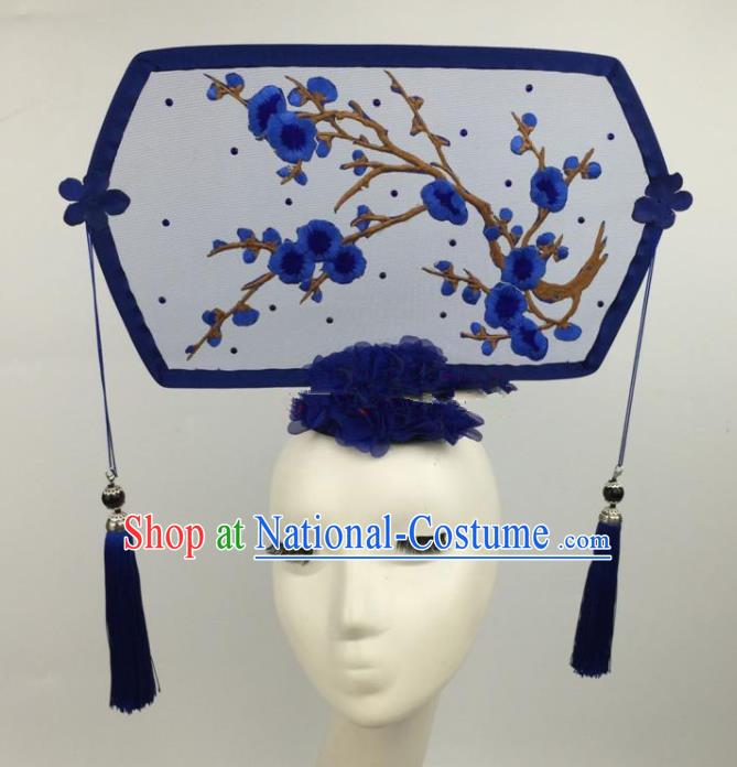 Chinese Traditional Exaggerated Palace Headdress Catwalks Embroidered Blue Wintersweet Hair Accessories for Women