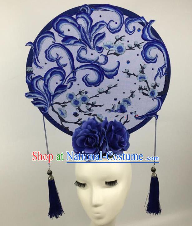 Chinese Traditional Exaggerated Palace Headdress Catwalks Embroidered Wintersweet Blue Hair Accessories for Women