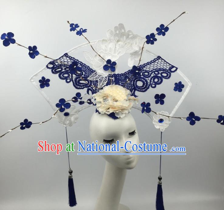 Chinese Traditional Exaggerated Palace Headdress Catwalks Blue Lace Flowers Hair Accessories for Women