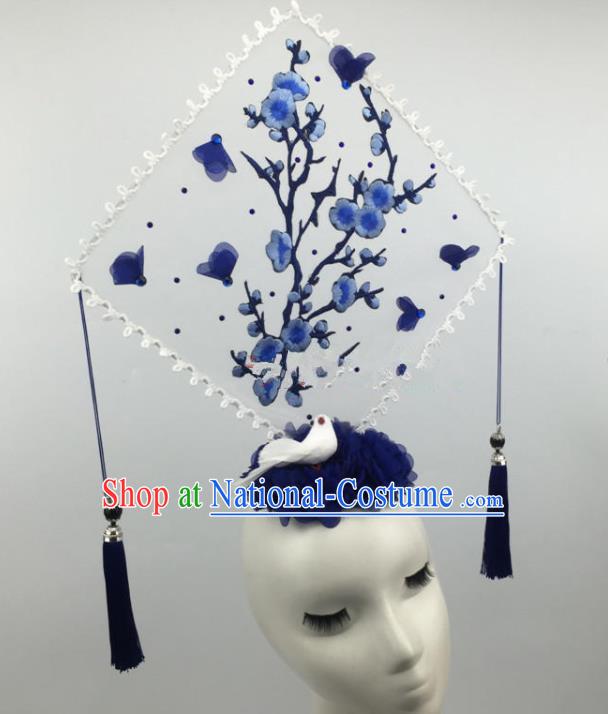 Chinese Traditional Catwalks Exaggerated Headdress Palace Blue Hair Accessories for Women