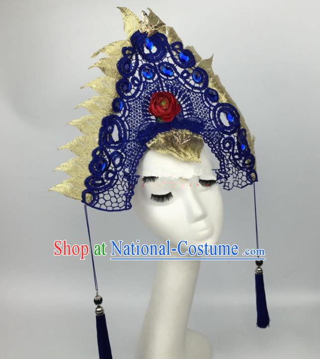 Top Grade Catwalks Hair Accessories Halloween Brazilian Carnival Blue Lace Headdress for Women